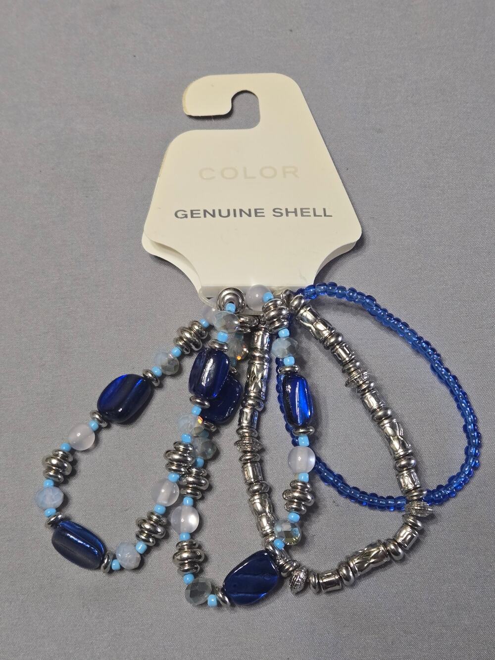 Blue Beaded Stretch Bracelet Set Genuine Shell Silver Accents Boho